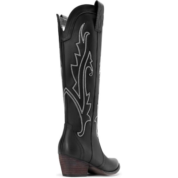 Womens Faux Leather Black Embroidered Side Zipper Chunky Heel Retro Tall Boot - Picture 6 of 9